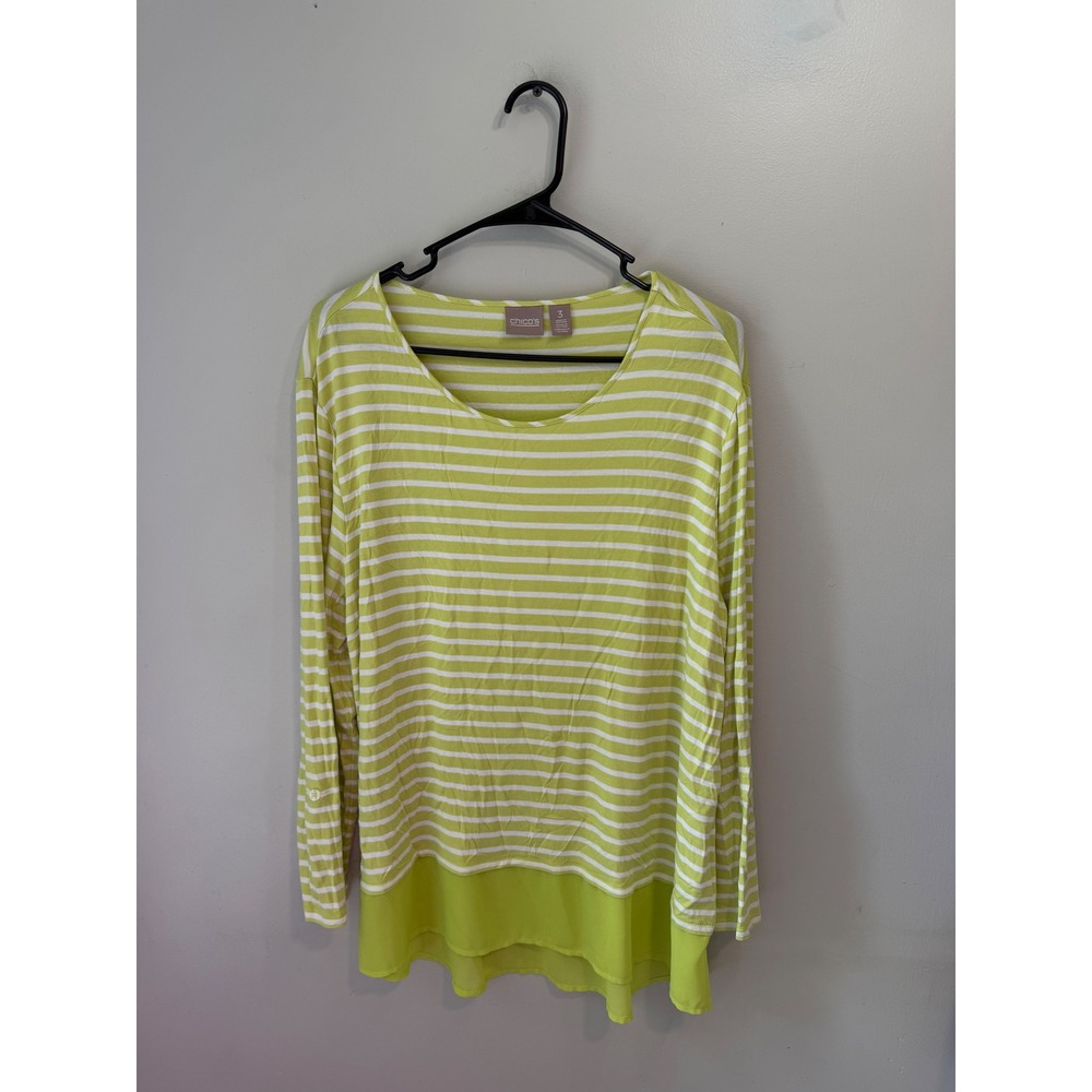 Chicos Lime Green White Striped Layered Hem Long Sleeve Top Size 3 XL